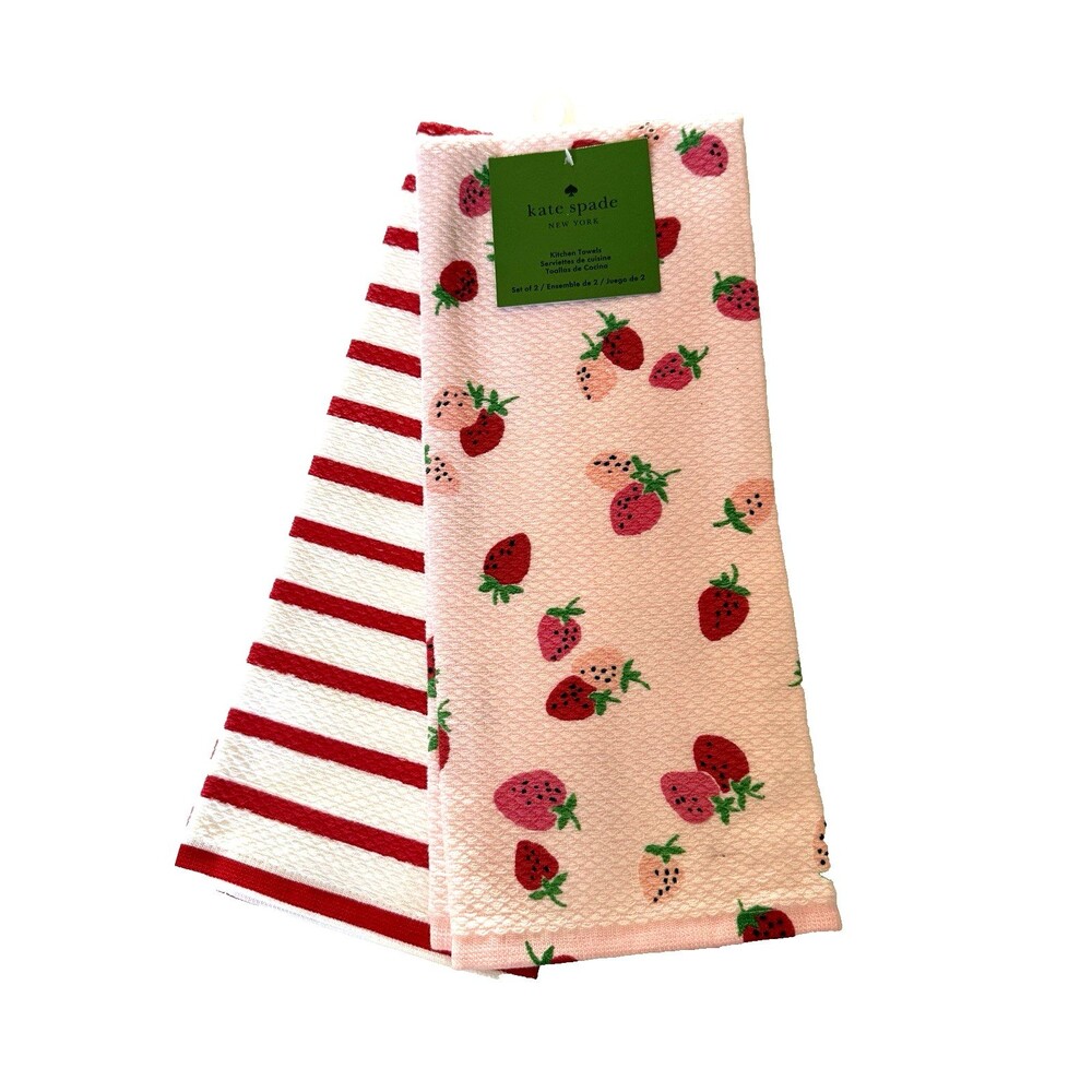 Kate Spade Kitchen Dish Towels Strawberries Pink White Red Cotton Set of 2